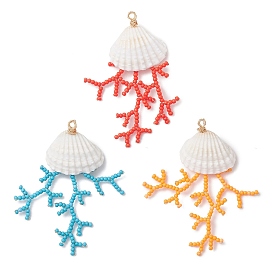 3 шт. большие подвески из стеклянных бусин и ракушек, коралловый шарм, с бусинами из синтетической бирюзы и медной проволокой