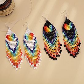 Glass Beaded Tassel Dangle Earrings, Pride Rainbow Flag Heart Drop Earrings