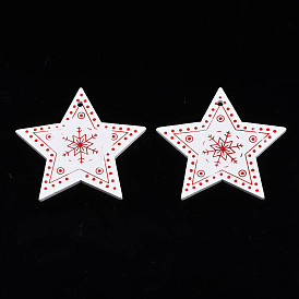 Christmas Theme Spray Painted Wood Pendants, Single-Sided Printed, Star with Snowflake