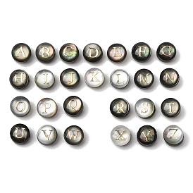 26Pcs 26 Styles Natural Shell Beads, Flat Round with Letter A~Z, with Gold Epoxy Resin