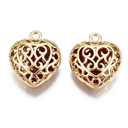 Brass Pendants, with Glass Rhinestone Inside, Hollow, Nickel Free, Heart