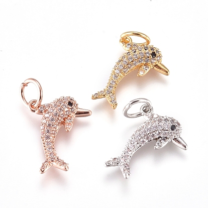 Brass Charms, with Micro Pave Cubic Zirconia and Jump Rings, Dolphin, Clear