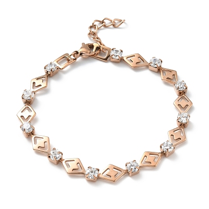 Crystal Cubic Zirconia Tennis Bracelet, Ion Plating(IP) 304 Stainless Steel Rhombus Link Chains Bracelet for Women