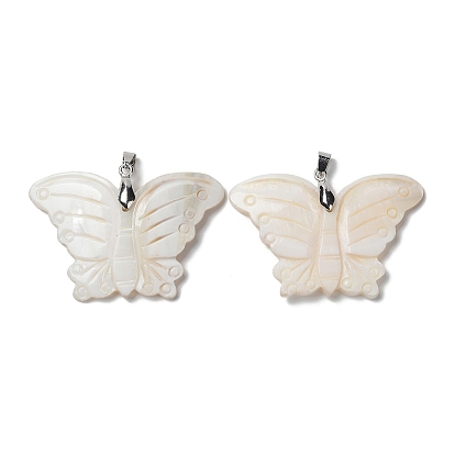 Natural Freshwater Shell Pendants, Butterfly Charms with Brass Snap on Bails