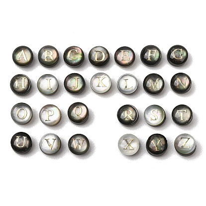 26Pcs 26 Styles Natural Shell Beads, Flat Round with Letter A~Z, with Gold Epoxy Resin