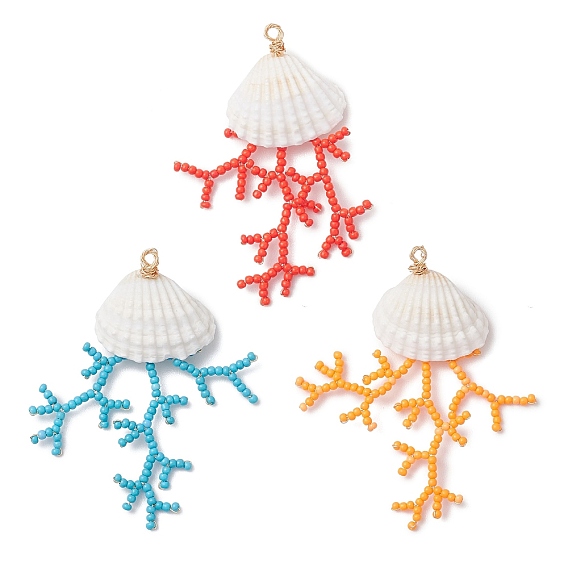 3Pendentifs en perles de verre et coquillages (grands modèles), charme corail, avec des perles de turquoise synthétique et du fil de cuivre