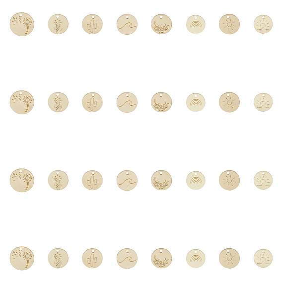 28шт 7 стили подвески из сплава, плоский круглый с рисунком волны/солнца/ананаса/кактуса/цветка/солнца/одуванчика