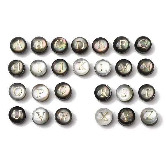 26Pcs 26 Styles Natural Shell Beads, Flat Round with Letter A~Z, with Gold Epoxy Resin
