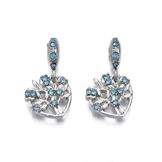 Rack Plating Alloy European Dangle Charms, with Rhinestone, Large Hole Beads, Cadmium Free & Lead Free, Platinum, Heart with Tree of Life