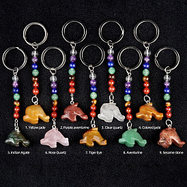 Gemstone Keychain, with Quartz Crystal, Amethyst, Lapis, Aventurine, Red Agate, Red Jasper, Dolphin