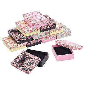 Flower Pattern Cardboard Jewelry Packaging Box, 2 Slot, For Ring Earrings, with Ribbon Bowknot and Black Sponge, Rectangle