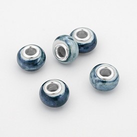 Rondelle Handmade Porcelain Large Hole European Beads, with Brass Double Cores, 15x10mm, Hole: 5mm