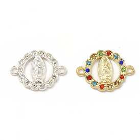 Flat Round Alloy Connector Charms, Religion Virgin Mary Links, with Rhinestone, Nickel
