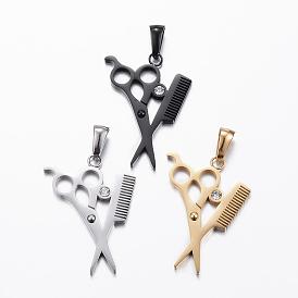 304 Stainless Steel Rhinestone Pendants, Hair scissors