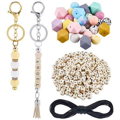 Сделай сам наборы для ключей, В комплект входят 300 шт. бусин из натурального кленового дерева с принтом., 6шт 2 цвета сплава брелок застежки, 10шт. шестиугольные силиконовые бусины, 20шт круглые силиконовые фокусные бусины, 10м нейлоновая нить