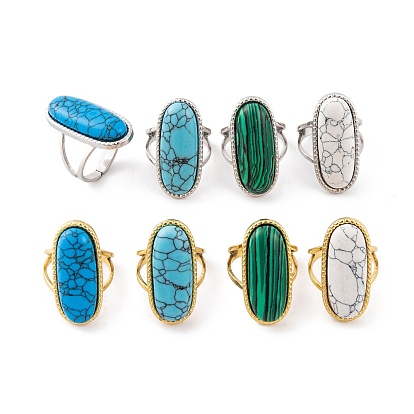 Овальные 304 открытые манжеты из нержавеющей стали, женские кольца с синтетической бирюзой и малахитом
