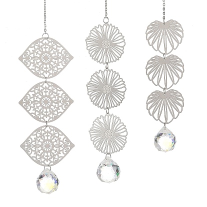 201 Stainless Steel Eye Flower Leaf Suncatchers, Faceted Round Glass Charm Prism for Window Decor