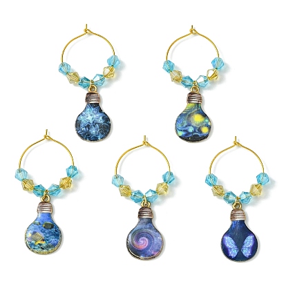 Alloy Printed Bulb Wine Glass Charms, with Glass Beads and Brass Wine Glass Charm Rings