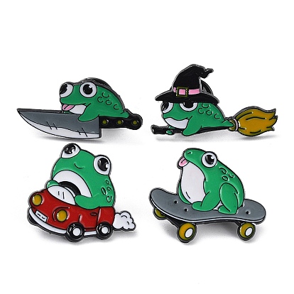 Cartoon Magic Frog with Knife/Witch Hat/Scooter Enamel Pins, Black Alloy Brooch for Backpack Clothes