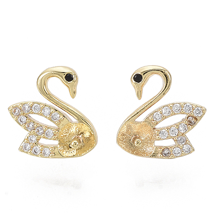 Brass Micro Pave Clear Cubic Zirconia Stud Earring Findings, for Half Drilled Beads, Nickel Free, Swan