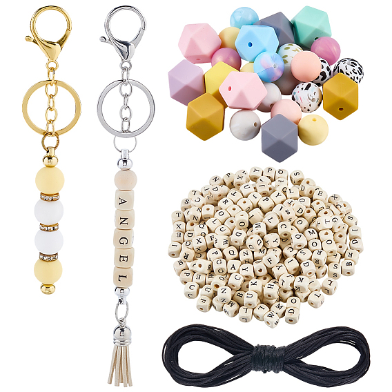Сделай сам наборы для ключей, В комплект входят 300 шт. бусин из натурального кленового дерева с принтом., 6шт 2 цвета сплава брелок застежки, 10шт. шестиугольные силиконовые бусины, 20шт круглые силиконовые фокусные бусины, 10м нейлоновая нить