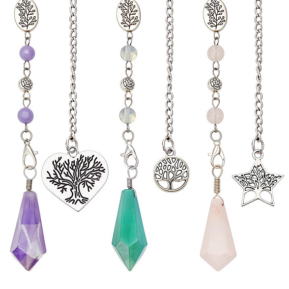 Маятники для лозоходства из натурального розового кварца, аметиста и желтого нефрита, с железной цепью и застежками-карабинами из сплава