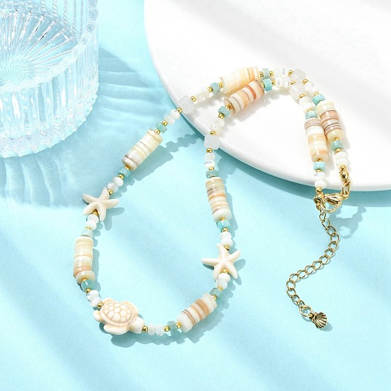 Женские бусы-хейши из искусственной бирюзы, окрашенной в цвет морской звезды и черепахи, а также из натурального амазонита, розового кварца и ракушек.