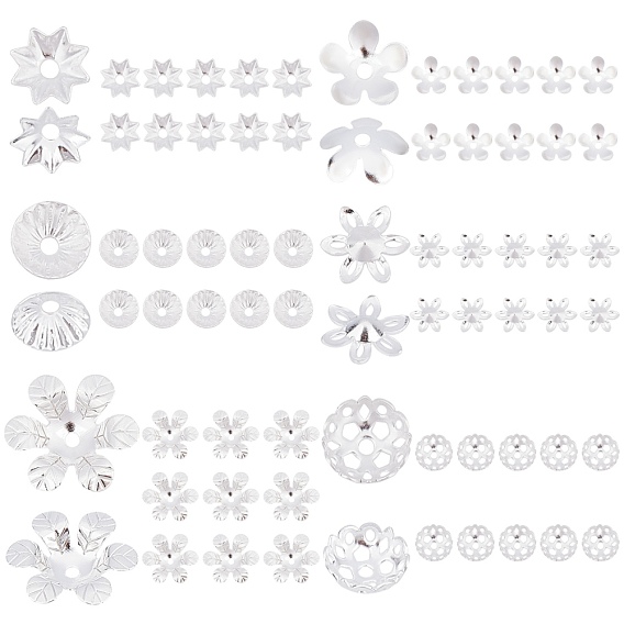 60Pcs 6 Style Brass Bead Cap, Long-Lasting Plated, Flower