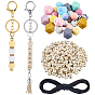 Сделай сам наборы для ключей, В комплект входят 300 шт. бусин из натурального кленового дерева с принтом., 6шт 2 цвета сплава брелок застежки, 10шт. шестиугольные силиконовые бусины, 20шт круглые силиконовые фокусные бусины, 10м нейлоновая нить