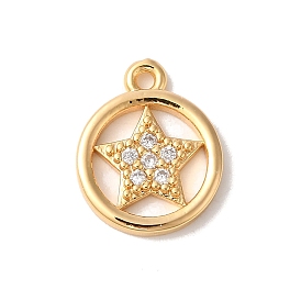 Brass Micro Pave Clear Cubic Zirconia Charms, Nickle Free, Flat Round with Star