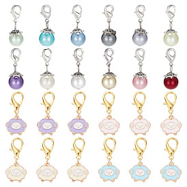 12шт. сплав эмалированные овцы подвесные украшения, с круглыми стеклянными жемчужными подвесками с застежкой-лобстером, для брелка, кошелек, украшение для рюкзака, маркер стежка