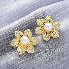 Серьги-гвоздики из латуни с микро-паве и прозрачным фианитом, с пластмассовой жемчужиной abs, долговечный, без свинца и без кадмия