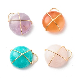 Pendentifs de pierres précieuses naturelles et synthétiques, avec du vrai fil de cuivre plaqué or 18k enroulé, plat rond, couleur mixte