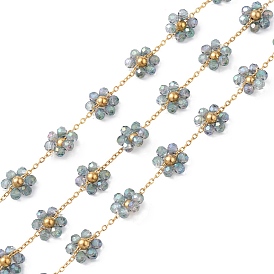 Flower Glass Beaded Chains, Unwelded, with 304 Stainless Steel Link Chains, Golden