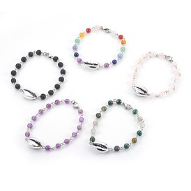 Natural Gemstone Beads Bracelets, with Electroplated Shell Beads, Cowrie Shells