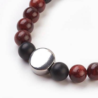 Natural Gemstone Stretch Bracelets, with 304 Stainless Steel Beads, Flat Round