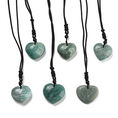 Natural Amazonite Heart Pendants Necklace, with Adjustable Nylon Cords