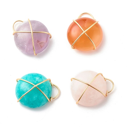 Pendentifs de pierres précieuses naturelles et synthétiques, avec du vrai fil de cuivre plaqué or 18k enroulé, plat rond, couleur mixte
