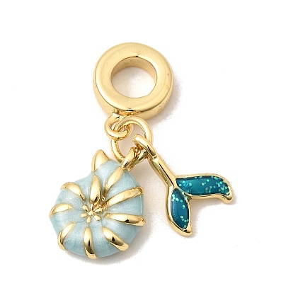 Ocean Brass Enamel European Dangle Charms, Conch Shape Mermaid Tail Large Hole Pendants, Long-Lasting Plated, Cadmium Free & Lead Free, Rack Plating, Blue