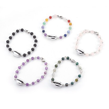 Natural Gemstone Beads Bracelets, with Electroplated Shell Beads, Cowrie Shells