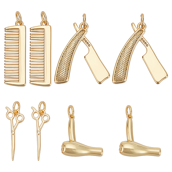 8Pcs 4 Styles Hairdressing Brass Pendants, with Jump Rings
