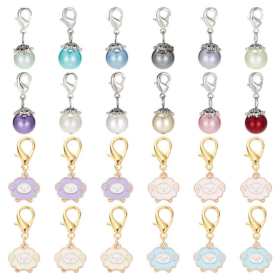 12шт. сплав эмалированные овцы подвесные украшения, с круглыми стеклянными жемчужными подвесками с застежкой-лобстером, для брелка, кошелек, украшение для рюкзака, маркер стежка
