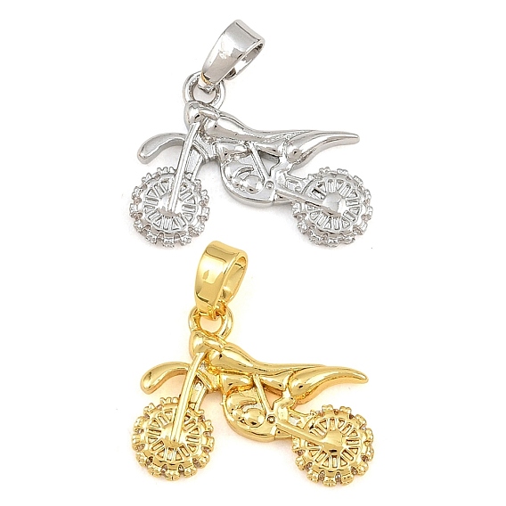 Brass Micro Pave Clear Cubic Zirconia Pendants, Motorbike Charms