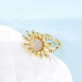 Латунные кольца-манжеты с микропаве и прозрачным цирконием для женщин, подсолнечник, стойки покрытие, без кадмия и без свинца, долговечный