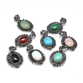 Gemstone Gothic Pendants, with Antique Silver Plated Zinc Alloy Rhinestone Findings, Oval, Lead Free & Nickel Free