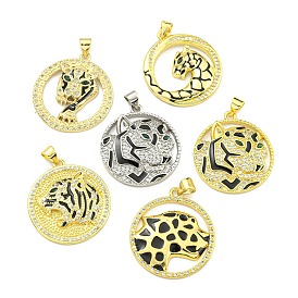 Brass Micro Pave Cubic Zirconia Pendants, with Enamel, Leopard Charms