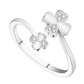 Crystal Rhinestone Clover Open Cuff Ring, Alloy Jewelry for Women