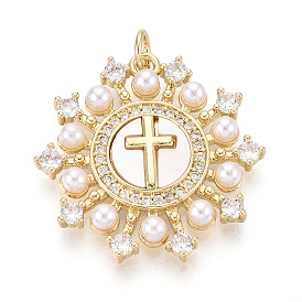 Латунные микропаве прозрачные подвески с фианитом, без кадмия и без свинца, плоский круглый крест, с ракушкой и имитацией жемчуга из АБС, с целью перехода в кольце