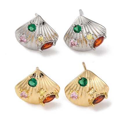 Женские серьги-гвоздики с микропаве из латуни с ионным покрытием (IP) и кубическим цирконием, формы раковины