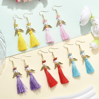 Ангел 304 серьги-подвески из нержавеющей стали, с бисером, полиэстеровой кисточкой и стеклянными жемчужными круглыми бусинами, античное золото 